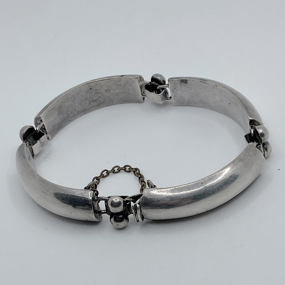 VTG Taxco 925 Silver Geometric Rectangle & Ball Link Bracelet w Safety Chain